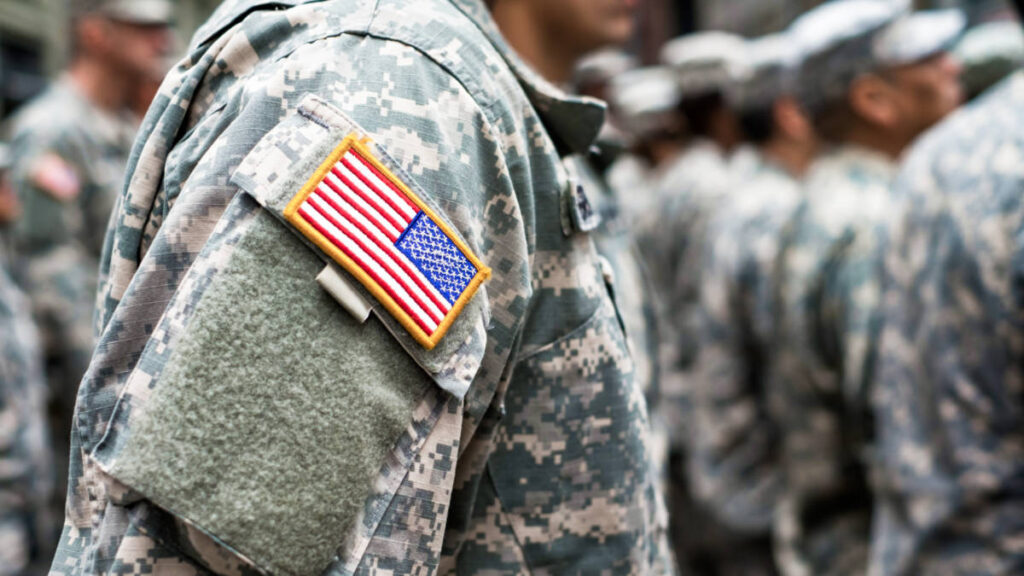 A patch of the USA flag on the soldiers uniform and the lined soldiers in the background