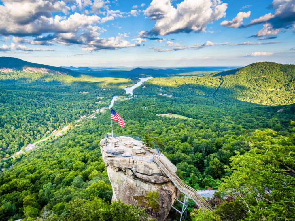 Aerial view of the USA flag in the viewing deck in Chimney Rock State Park