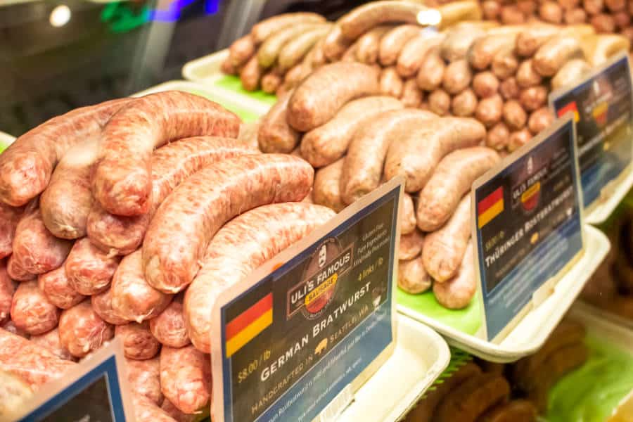 Closeup view of the wide selection of sausages at Uli’s Famous Sausage