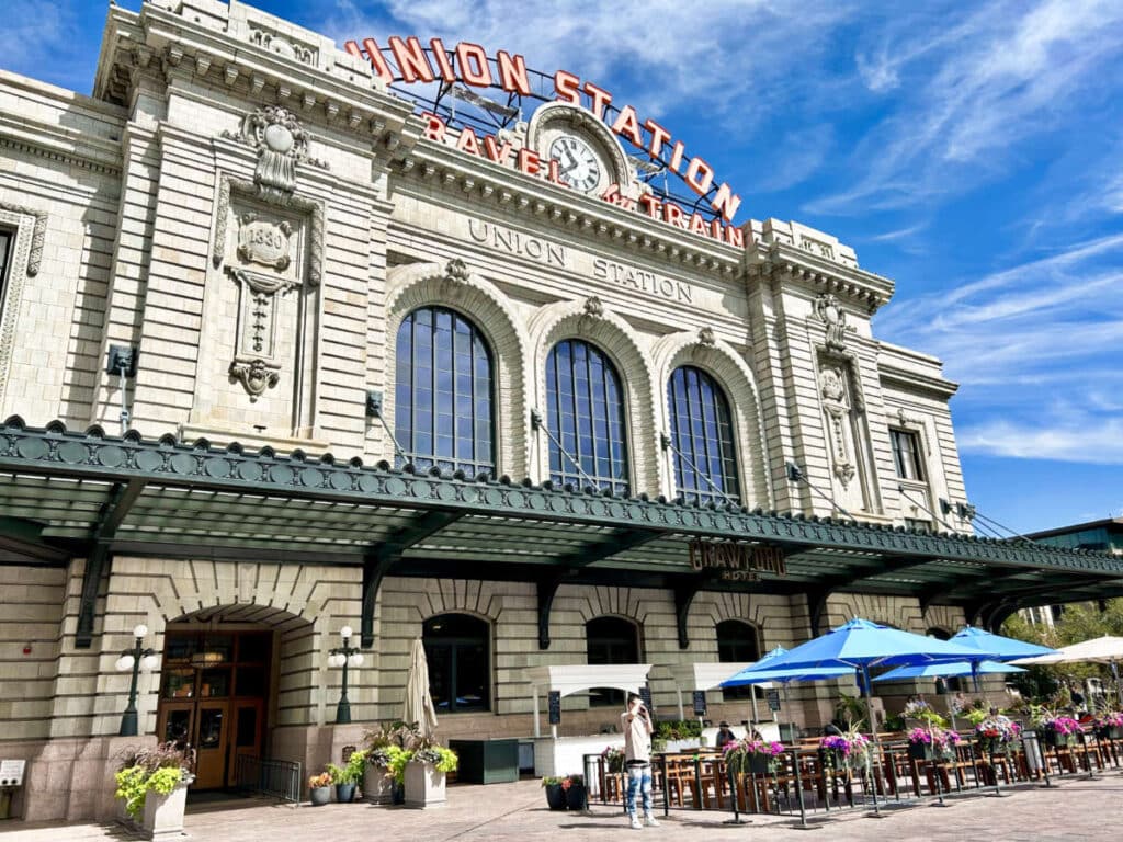 Exterior view of the Union Station with a clear blue sky in the background