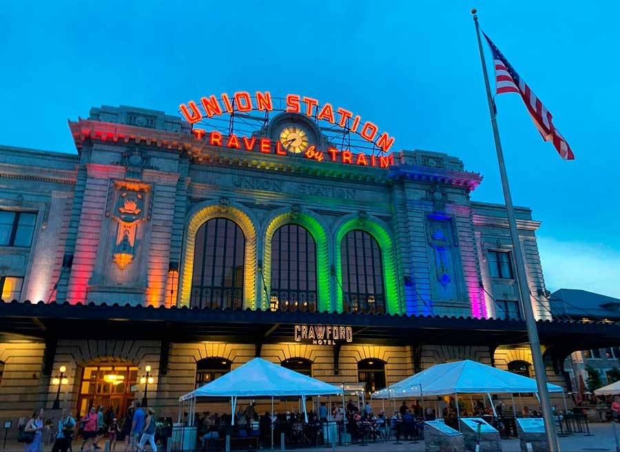The Union Station building with lights at night