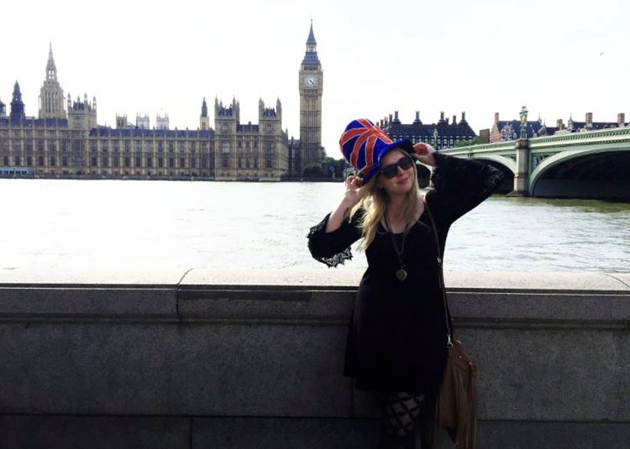 View of the author wearing a hat with a UK flag design