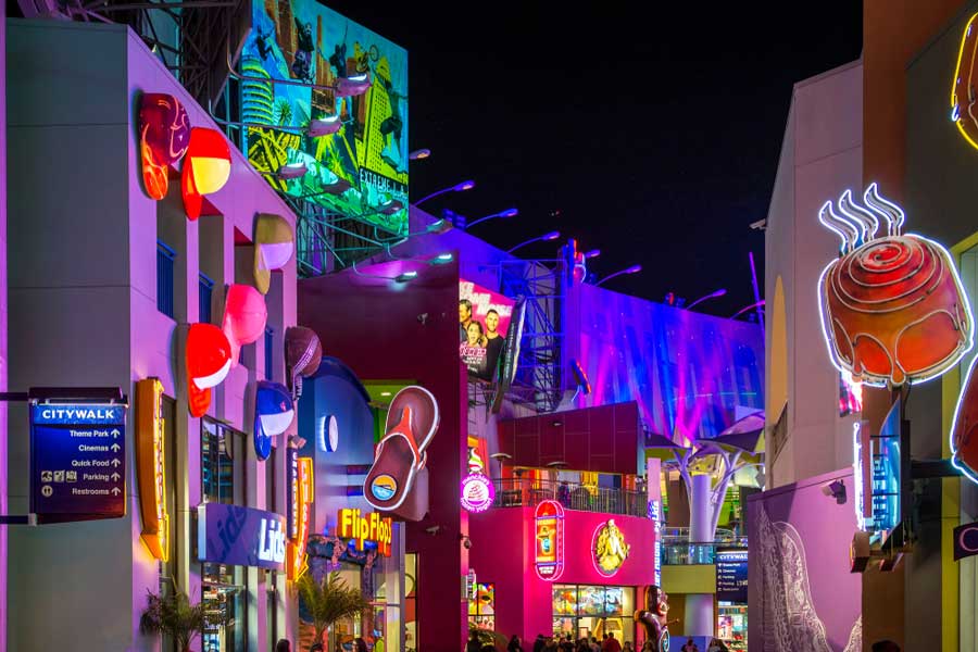 View of colorful lights illuminated at night in Universal CityWalk