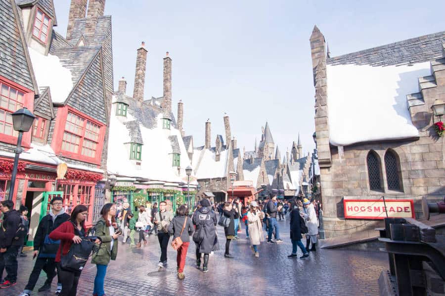 View of the busy area of The Wizarding World of Harry Potter in Universal Studios Hollywood
