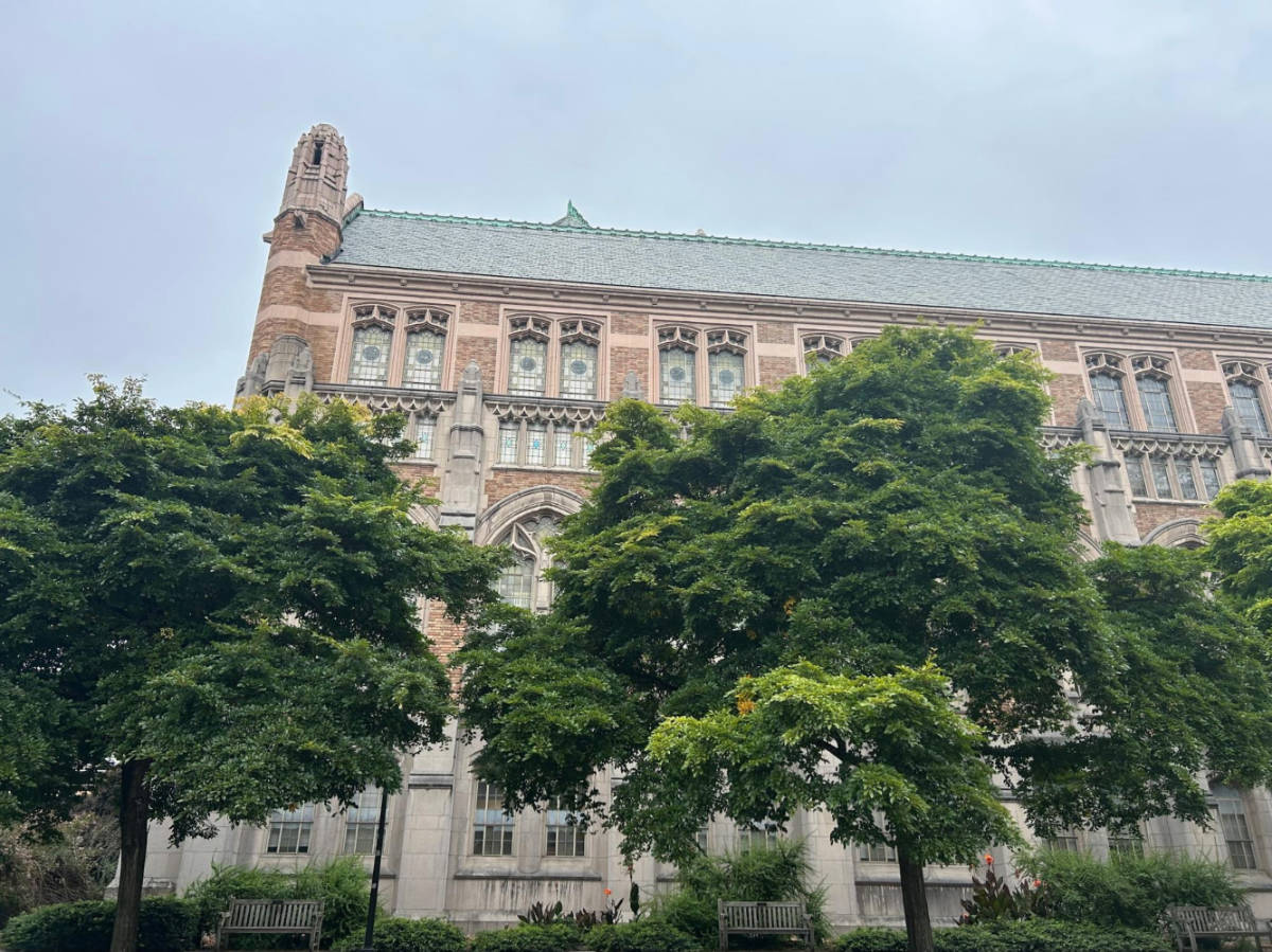 View of the Gothic-style building in the University of Washington campus