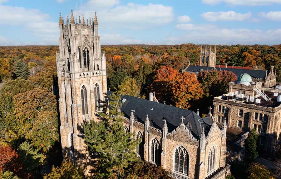 Aerial view of University of the South surrounded by fall foliage