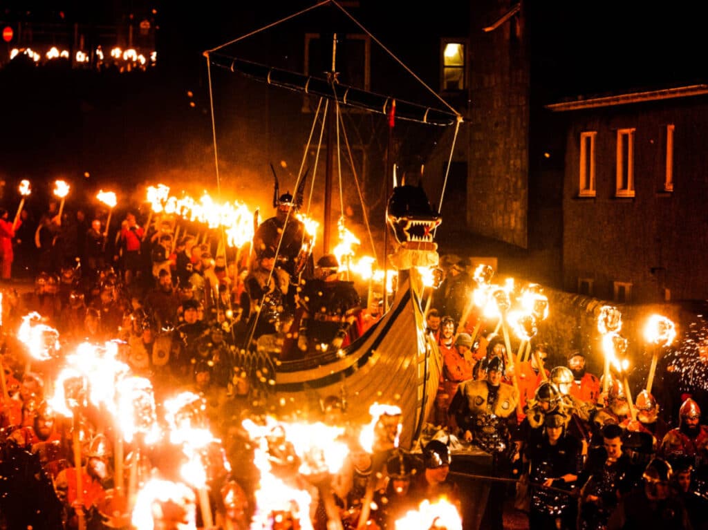 View of the torch-lit procession during the Up Helly Aa Festival