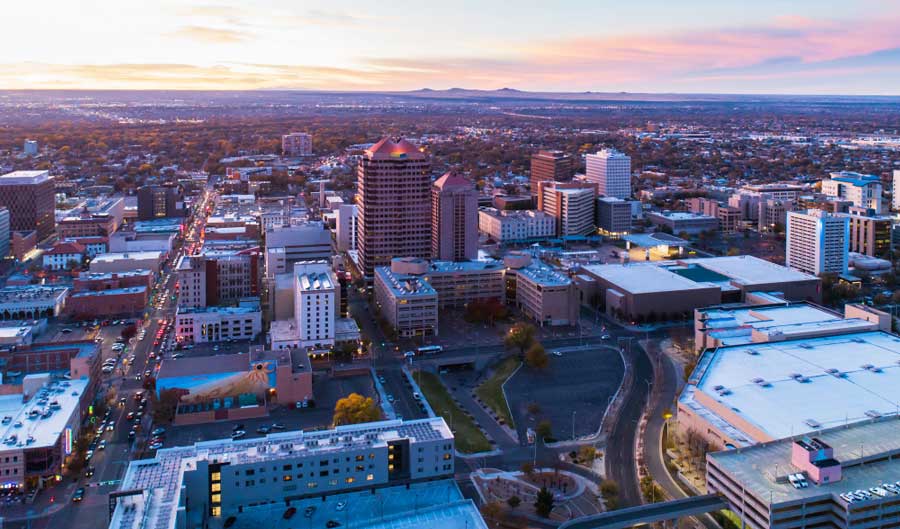 Aerial view of Albuquerque during sunset