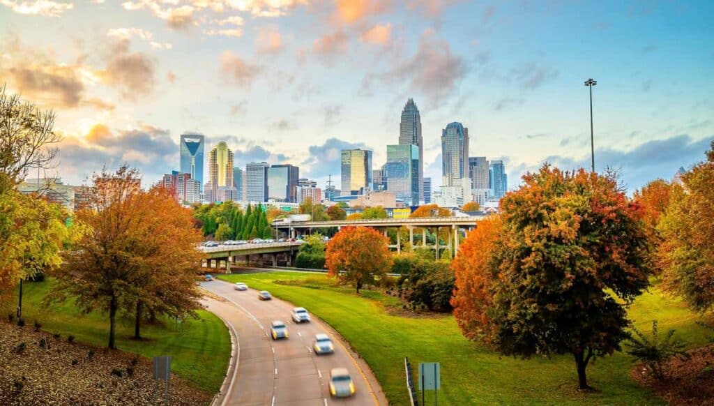 Overlooking view of Uptown Charlotte during autumn season