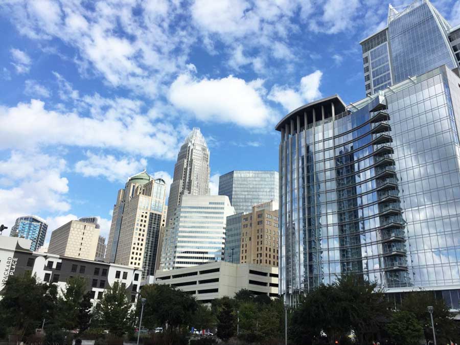 Skyscrapers under the clear blue sky in Uptown Charlotte