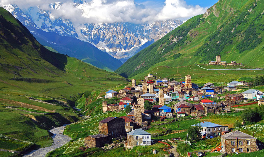 Overlooking view of Ushguli and Mt. Shkhara