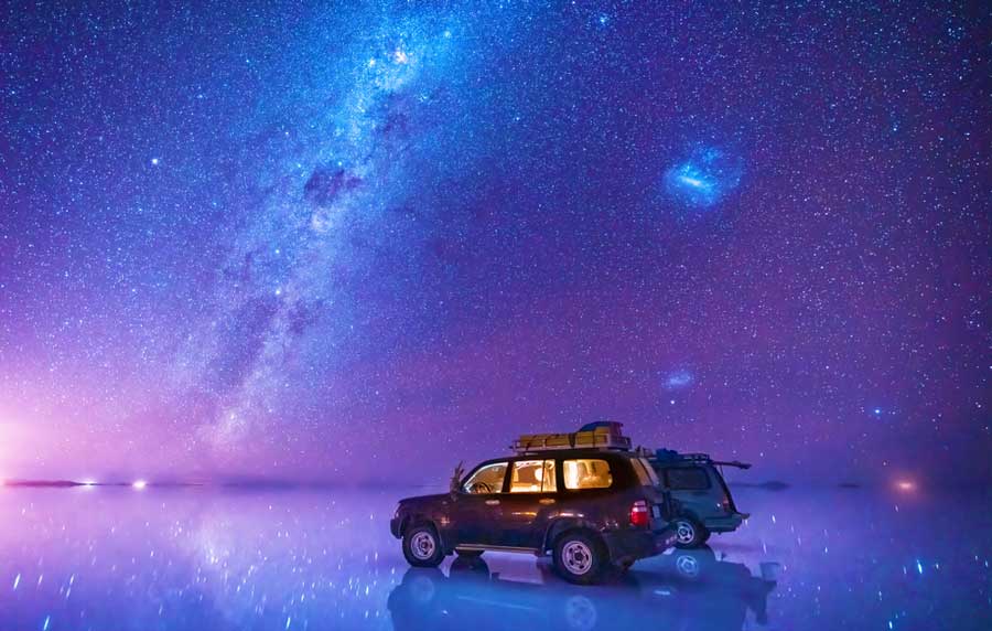 Scenic view of the milky way and starry sky over the Uyuni Salt flat in Bolivia