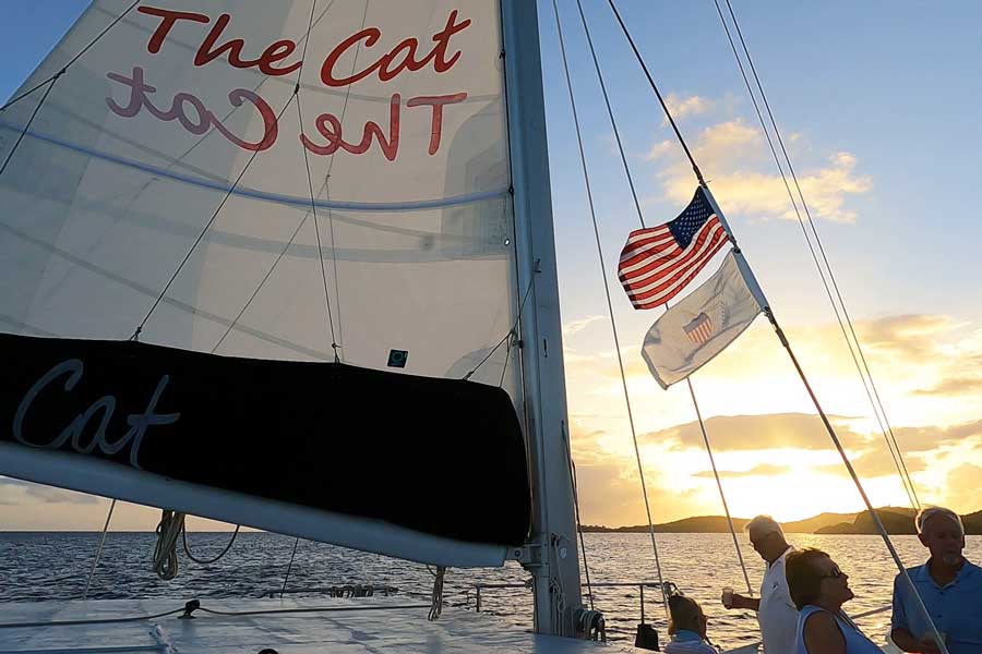 View of the colorful sky during sunset while on the VI Cat Sail