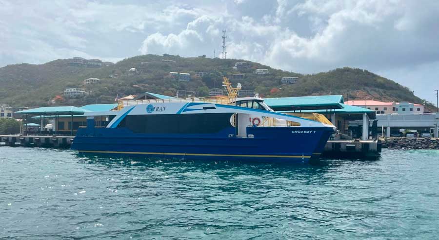 View of a blue VITran Ferry on USVI