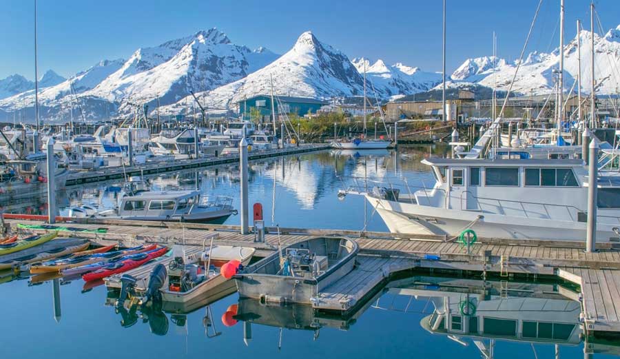 View of boats at a harbor in Valdez