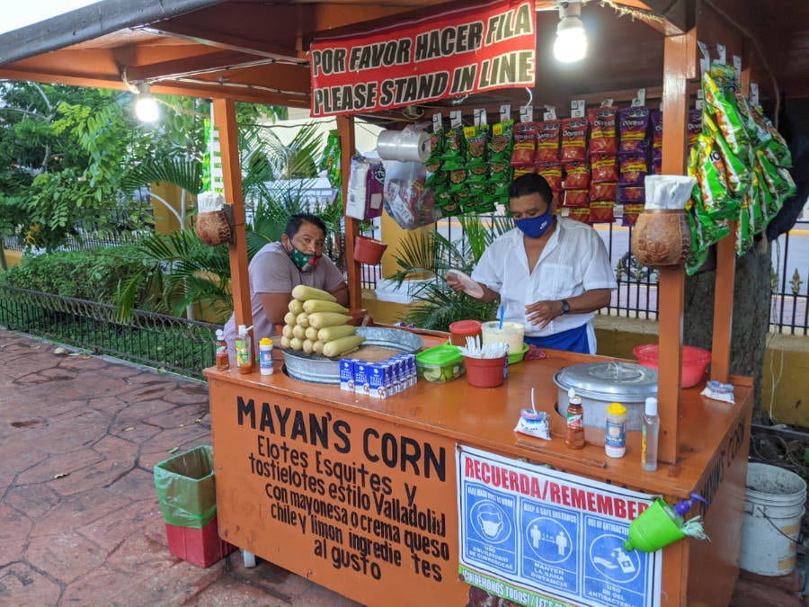 An elote stand in the Valladolid square