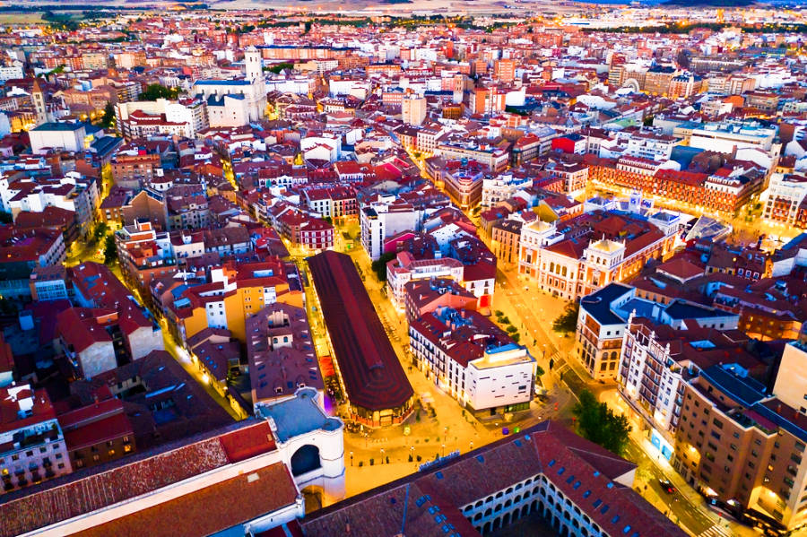 Aerial view of the beautiful cityscape of Valladolid at twilight. 