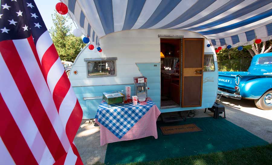 View from the outside of a vintage trailer