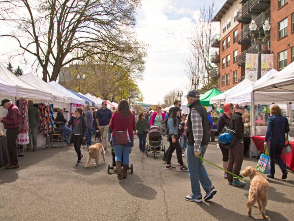 View of the crowd and pets at the Vancouver Farmers Market