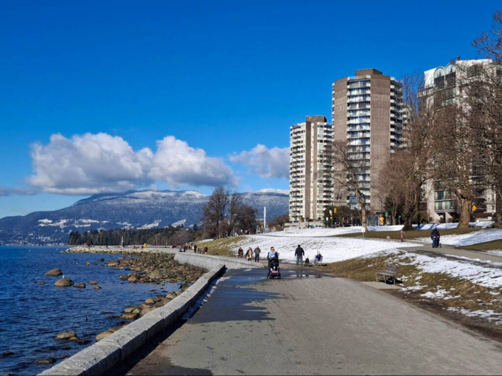 View of the seawall and beaches in Vancouver during winter