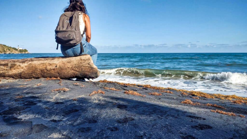 The author, Vanessa Ramos sitting on a branch of a tree while overlooking Los Bohíos Beach