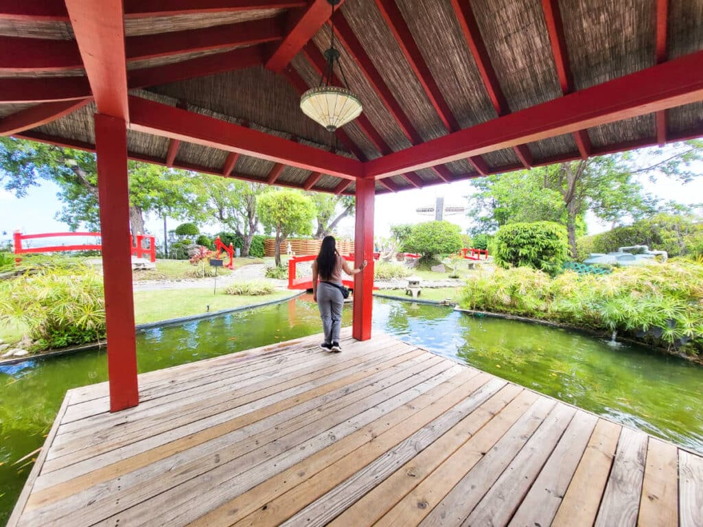The author Vanessa Ramos, overlooking the pond around the pavilion of Japanese Garden in Ponce