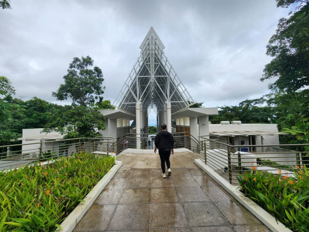 The author Vanessa Ramos walking around the at the visitor’s center in El Yunque on a rainy day
