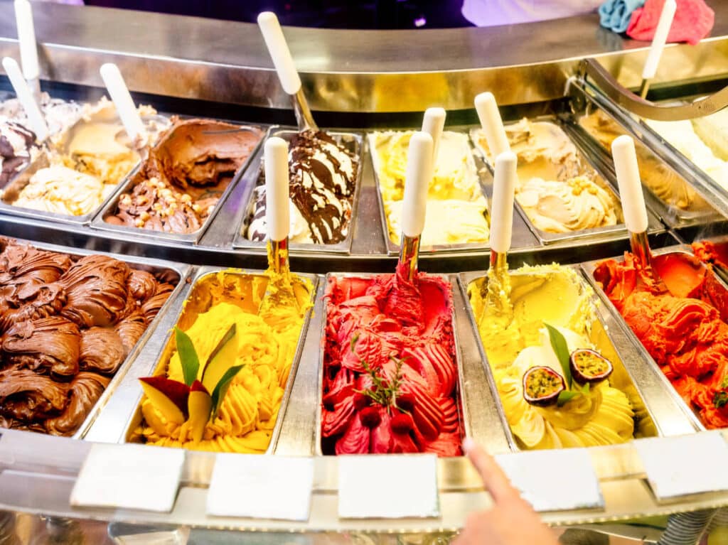 View of the displayed variety of gelato at Gelateria dei Neri