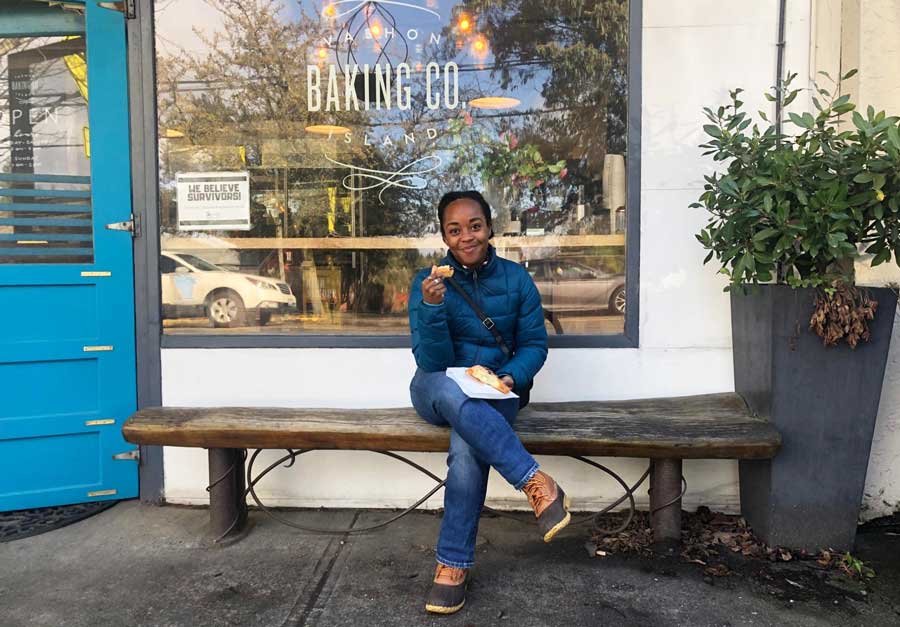 The author sitting outside the Vashon Island Baking Company