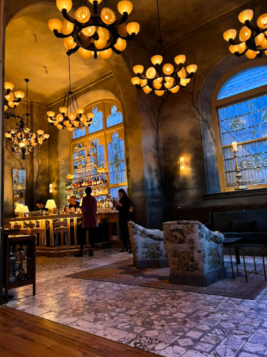 View of the huge chandeliers and interior of Veronika Restaurant