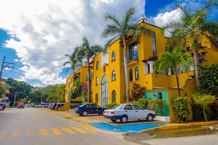 View of the vibrant buildings in Playa del Carmen