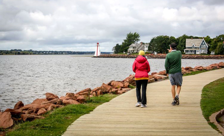 View of two people walking in by the sea in Victoria Park Boardwalk