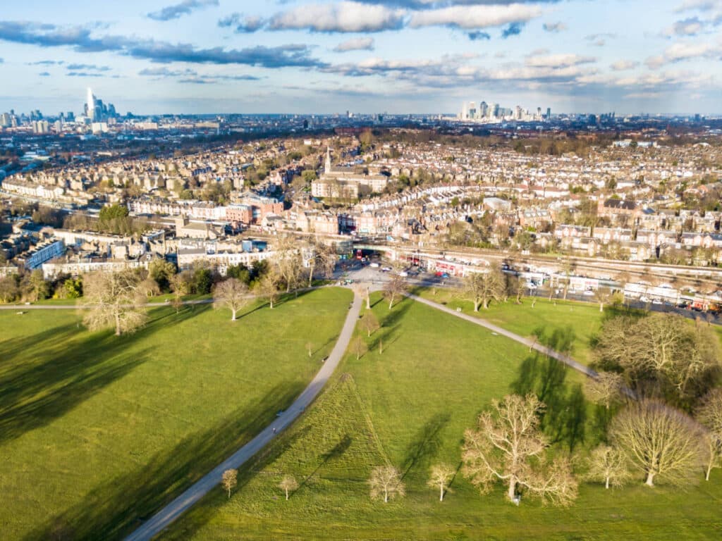 Overlooking view of the cityscape from the top of Brockwell Park