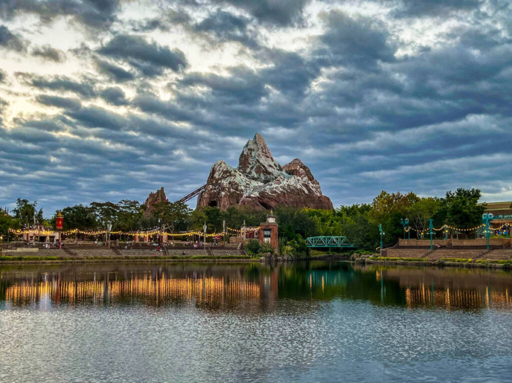 Picturesque view of the landscape of Animal Kingdom seen from across the water at Flame Tree Barbecue
