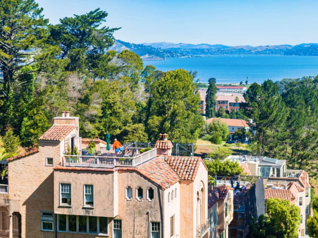 View of the homes and the bay from the Lyon Street Steps in Pacific Heights