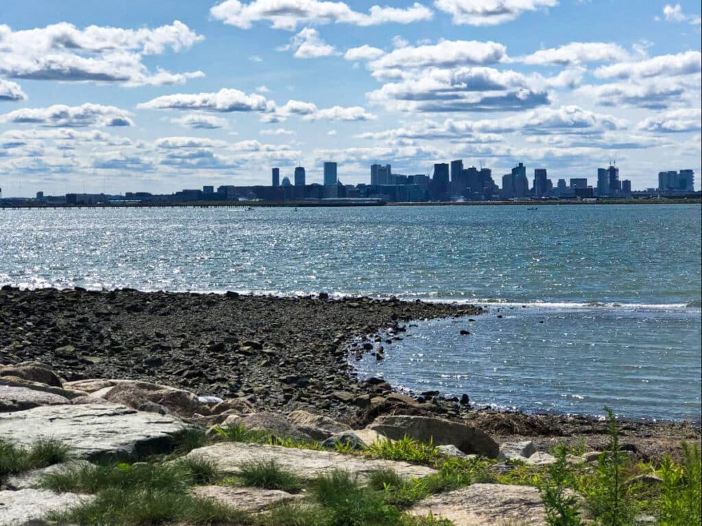 View of the cityscape from across the Deer Island on a sunny day
