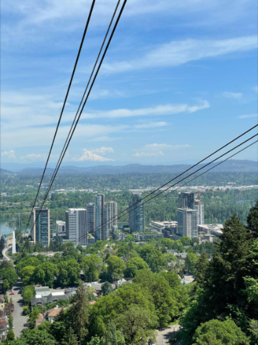 Overlooking view of Portland skyline and the greenery around seen from the tram