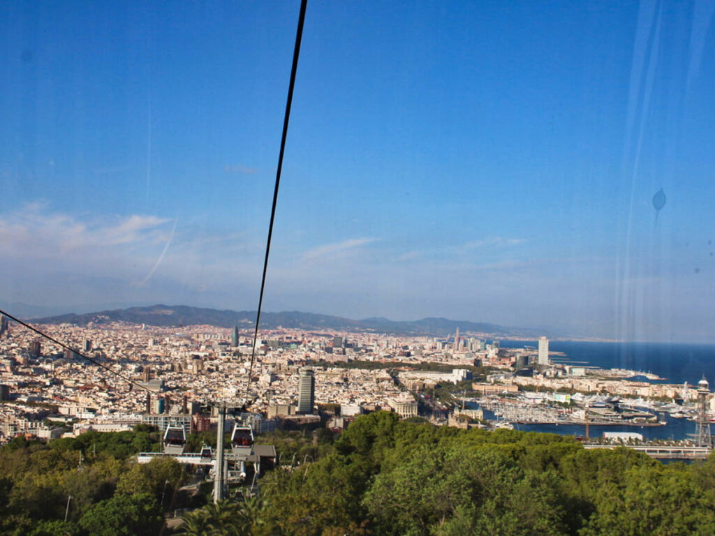 Overlooking view of the city from the cable car at Teleferic de Montjuic