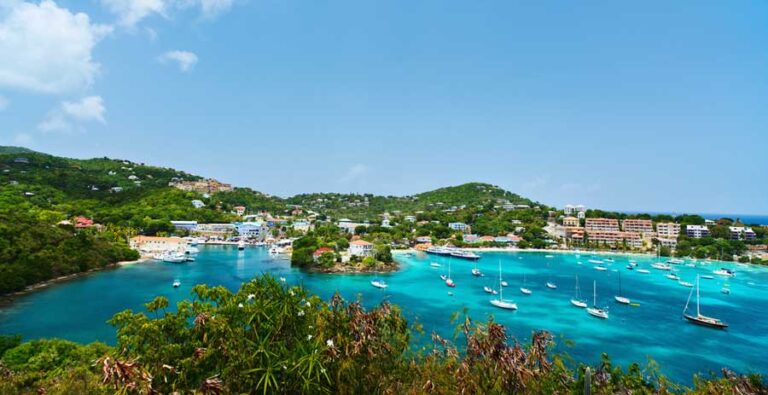 Aerial view of the main town in Cruz Bay, USVI