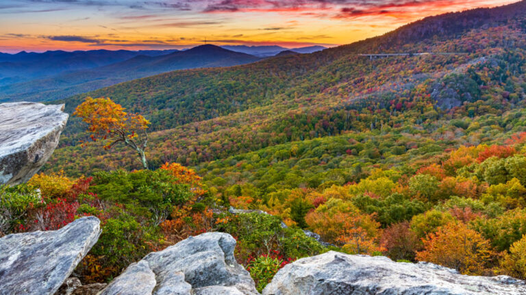 Overlooking view of the Blue Ridge Parkway during the autumn season
