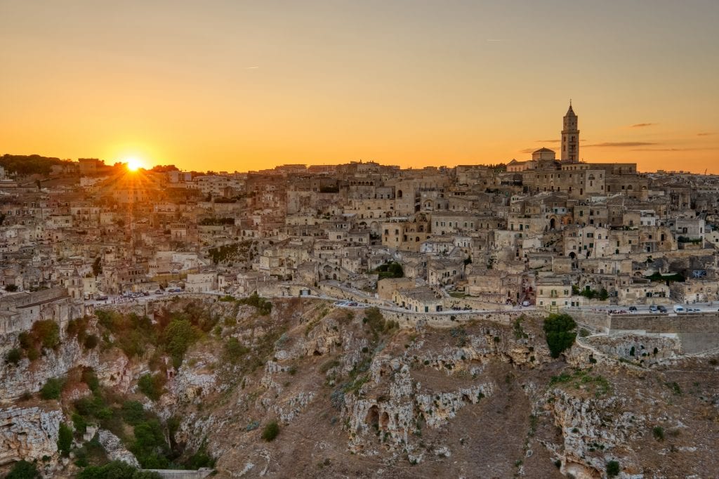 View of the beautiful old town of Matera at sunset