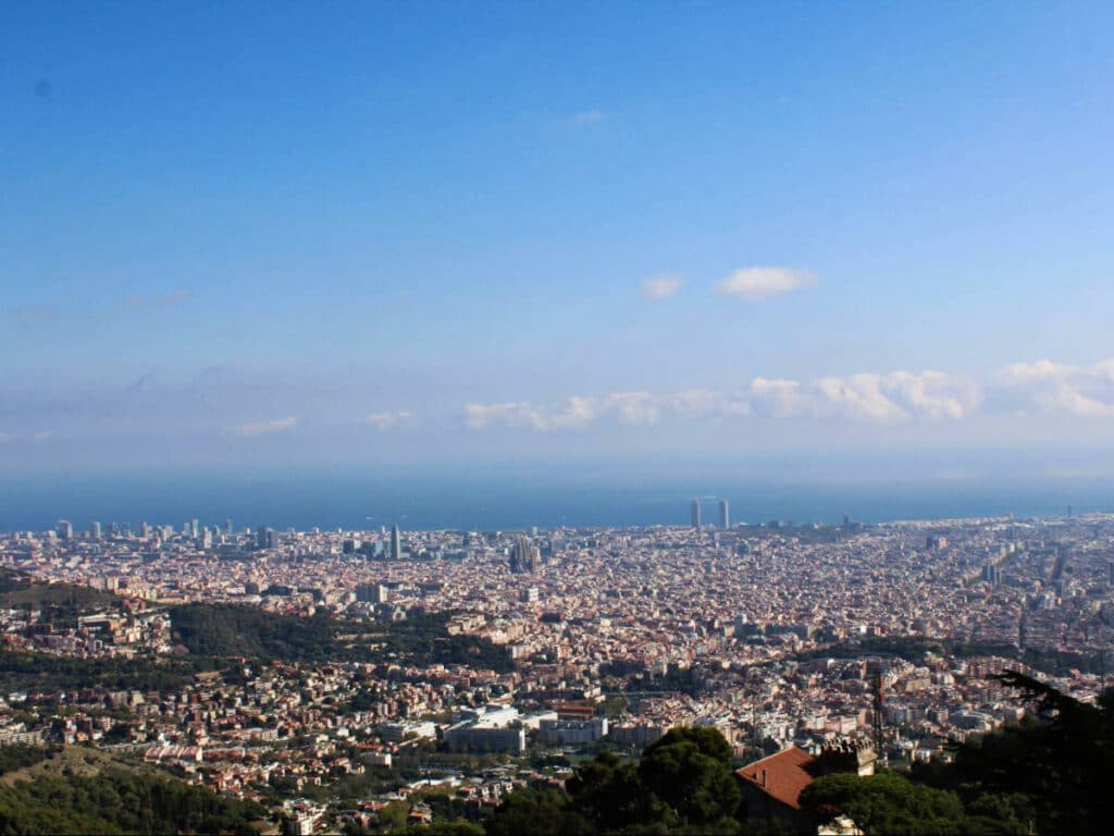 Overlooking view of Barcelona from Tibidabo mountain peak