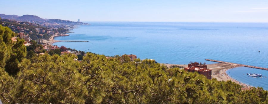 Overlooking view of the Mediterranean Sea and Malaga cityscape from Mirador de Gibralfaro