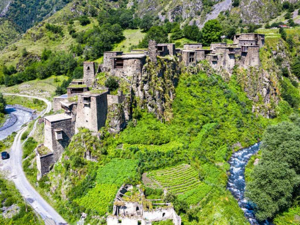Aerial view of the old fortress in the mountain village of Shatili