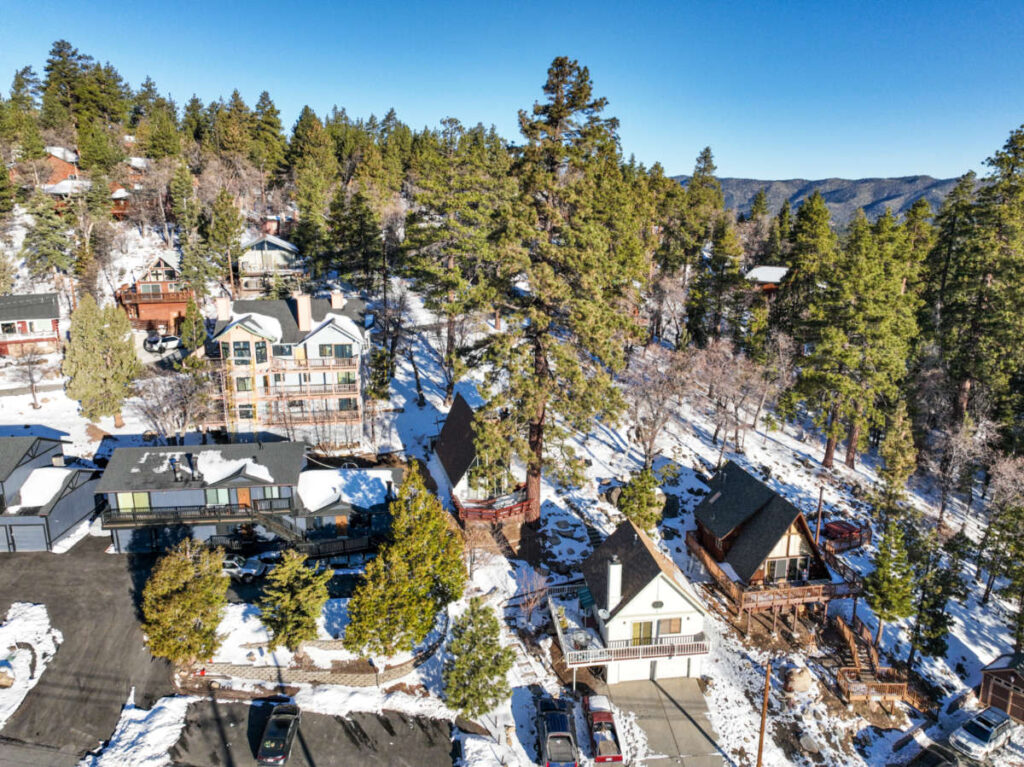 Aerial view of the village in Big Bear Lake in winter