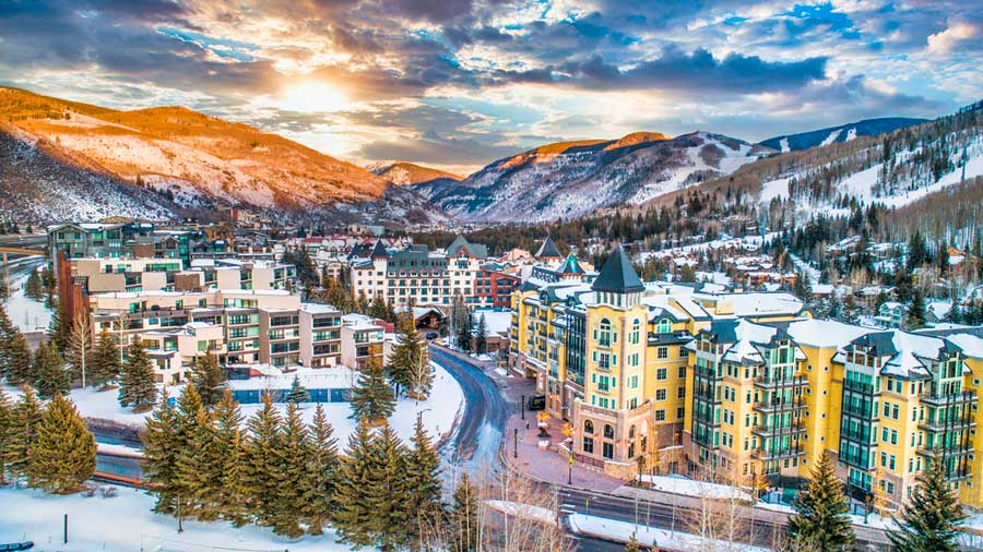 Aerial view of a colorful village in Vail during winter season
