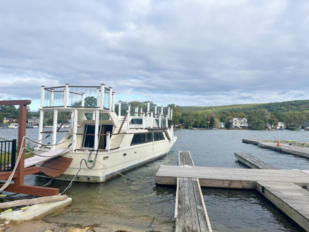 View of boats docked at the Village of Greenwood Lake