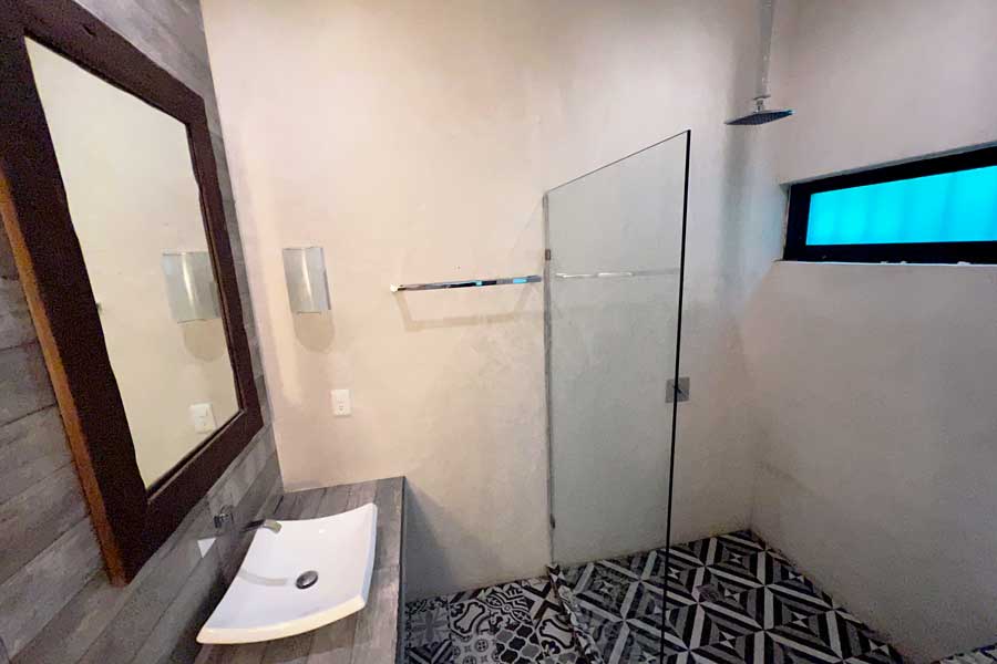 View from the inside of a bathroom in Villas H20