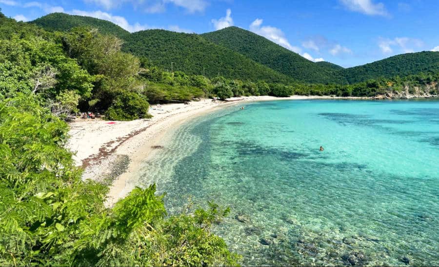 View of the clear blue water and white sand beach of the Virgin Islands