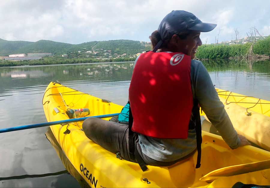 The author's wife ready for deaprting on a kayak tour